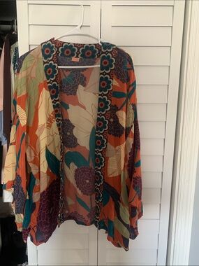 Powder Teal and Orange Autumnal Patterned Women’s Kimono